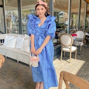 Puffed sleeve blue midi dress